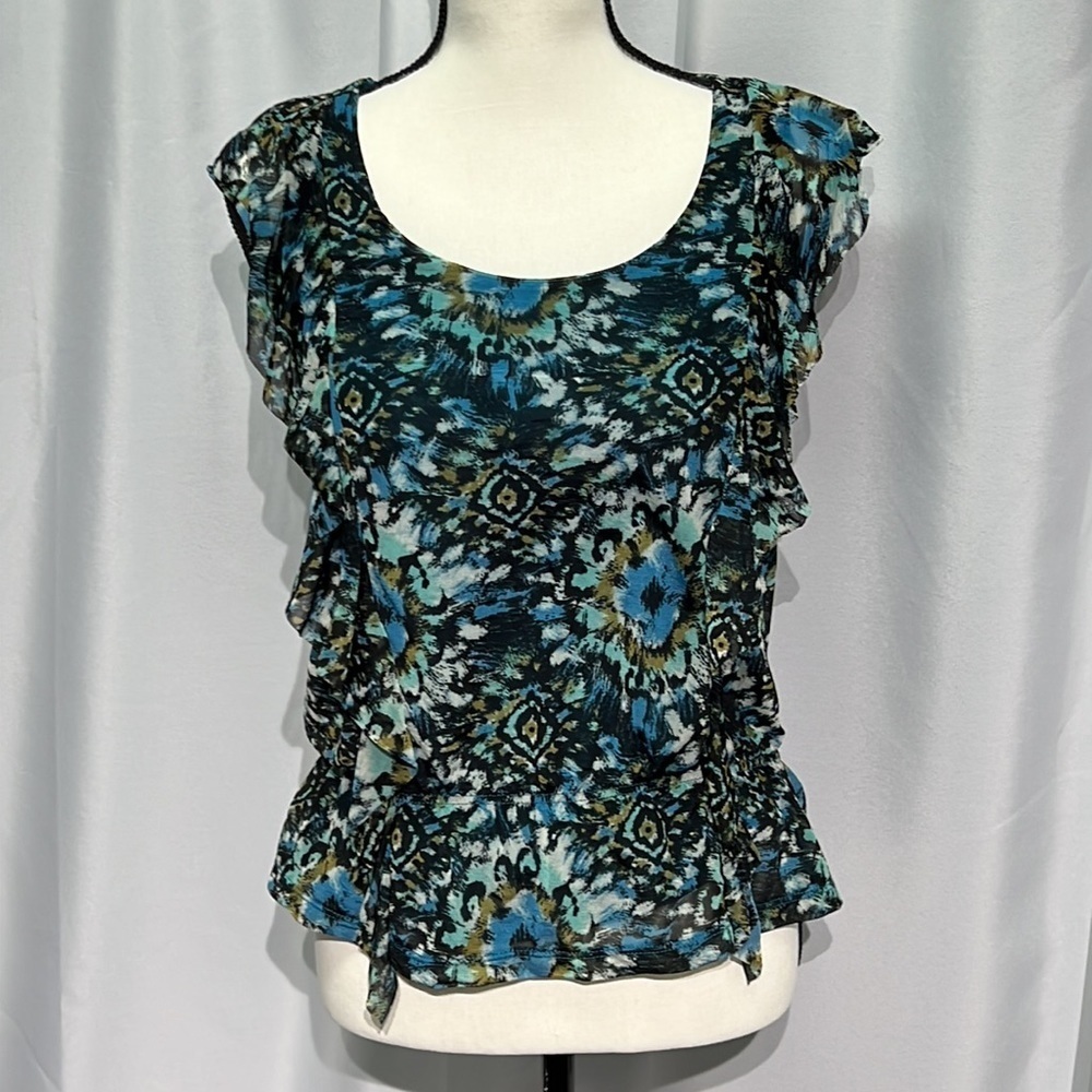 Apt. 9 Blue, Green, Black and Olive Print Ruffle Peplum Blouse - PXS
